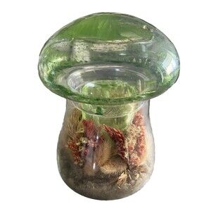 Vintage Lime Green Mushroom Glass Dome Dried Floral Arrangement 70s Fairy Candle